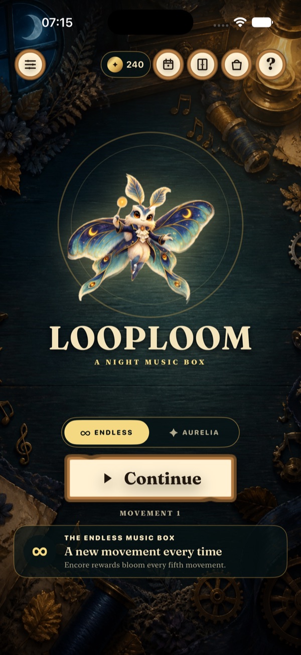 LOOPLOOM title screen with Aurelia